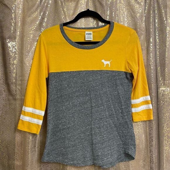 PINK Victorias Secret Yellow White Gray Logo 3/4 Sleeve Top, XS - Picture 1 of 4